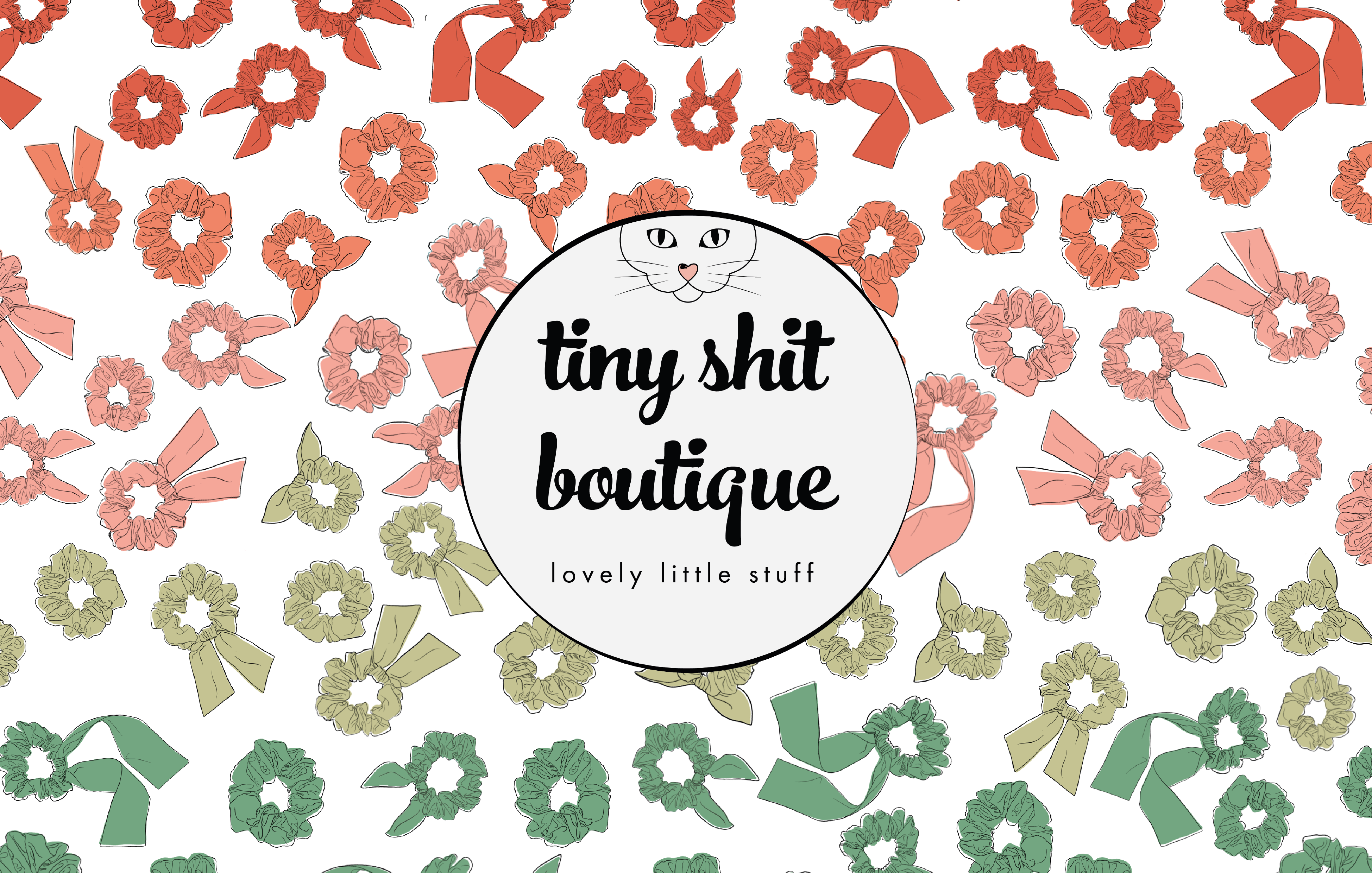 A placeholder image with a lot of colorful scrunchies and the logo of tinyshitboutique